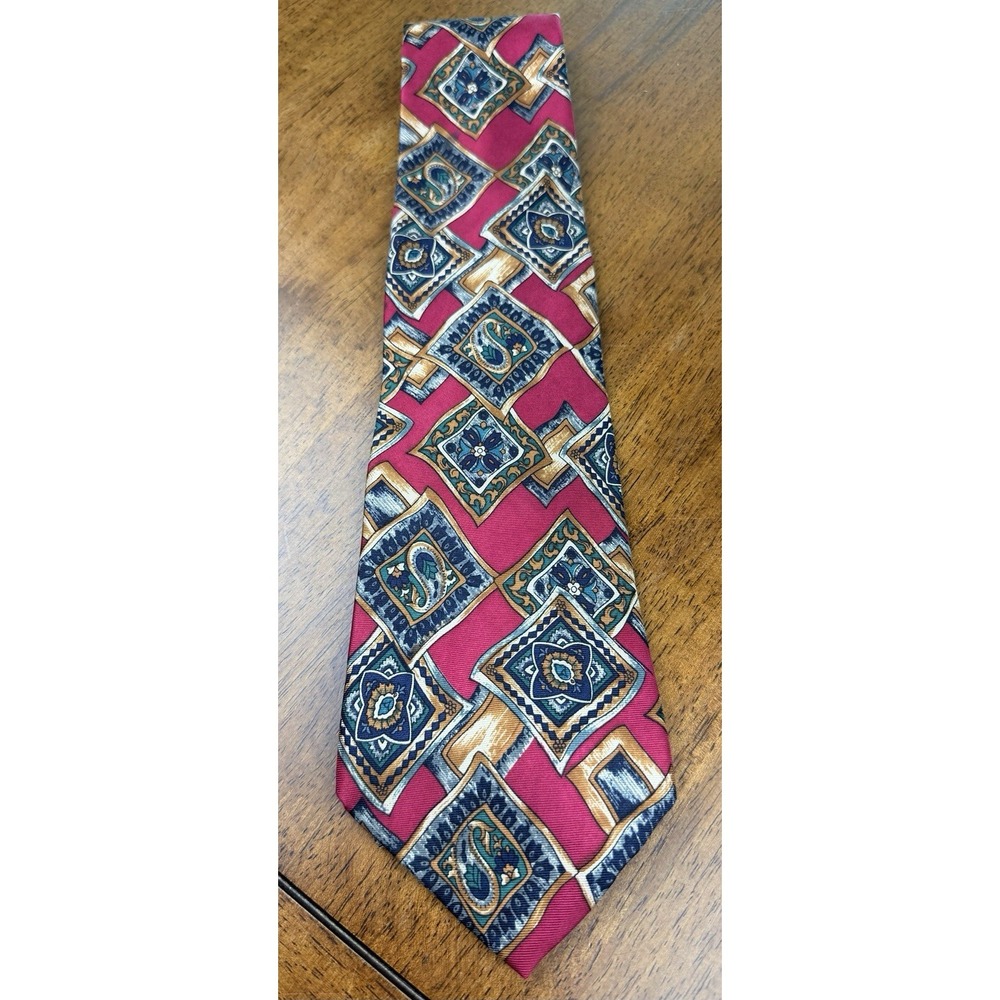 Vintage Monsieur Givenchy 100% Silk Tie Red Blue Gold Geometric Paisley France